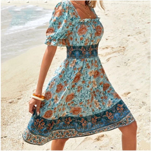 Boho Floral Print Puff Sleeve Mini Dress - Picture 4 of 5